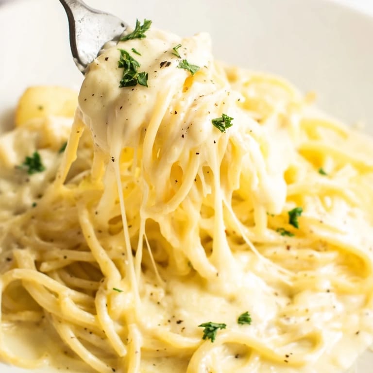 This appealing photo presents a creamy, delicious serving of Creamy Three-Cheese Spaghetti.