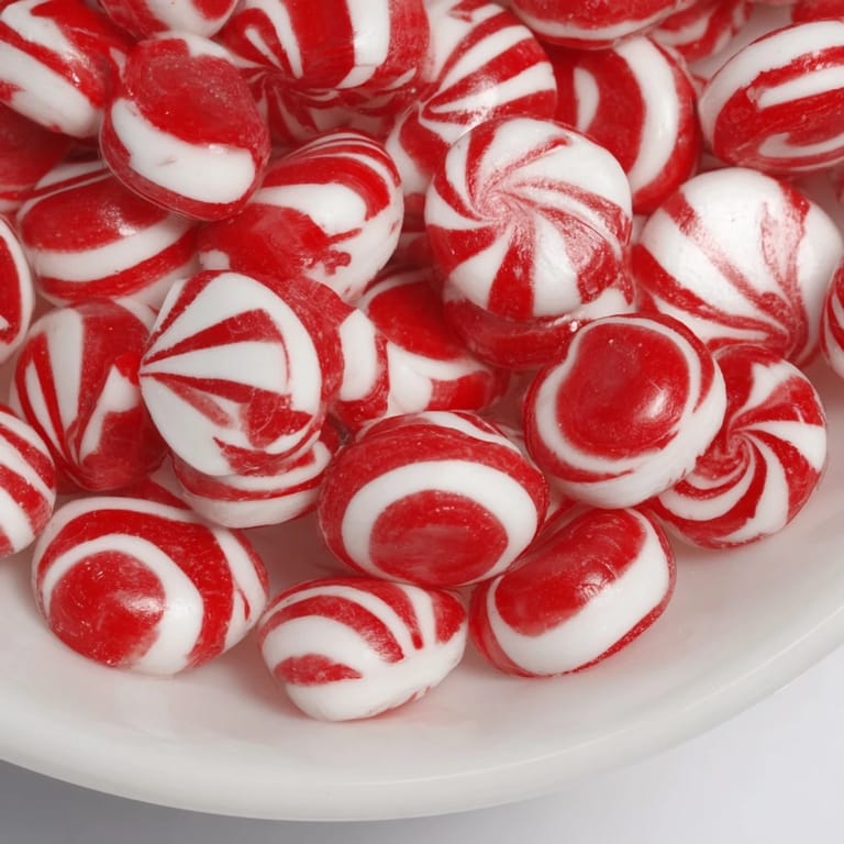 Shiny red and white peppermint circles form a visually stunning No-Bake Peppermint Candy Bowl, perfect for gifting.