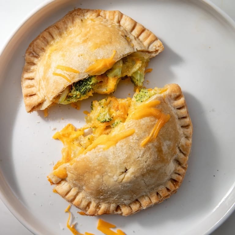 Crispy-crusted Broccoli Cheddar Quiche-less Hand Pies, fresh from the oven, offering a savory, cheesy aroma.