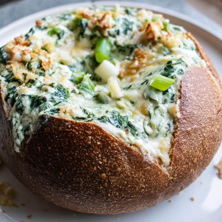 Creamy, green Best-Ever Spinach Dip inside a bread bowl; perfect party appetizer.