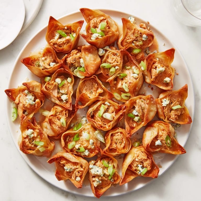 Enjoy warm Buffalo Chicken Dip Pinwheel Wontons, small golden rolls with a spicy buffalo chicken filling, perfect for game day.