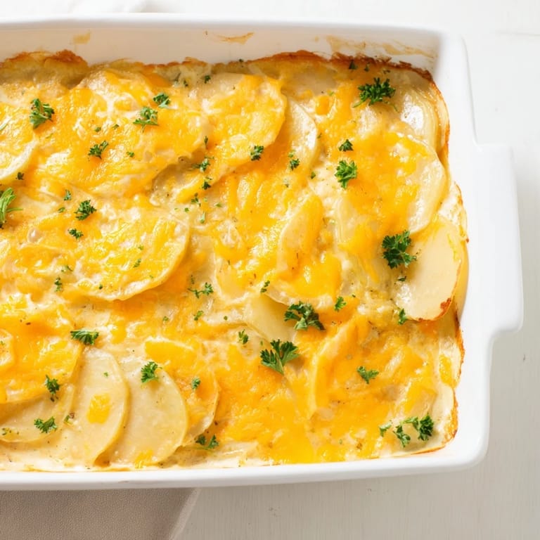 Tender potatoes layered in creamy cheese sauce, this cheesy scalloped potatoes recipe is perfect for dinner.