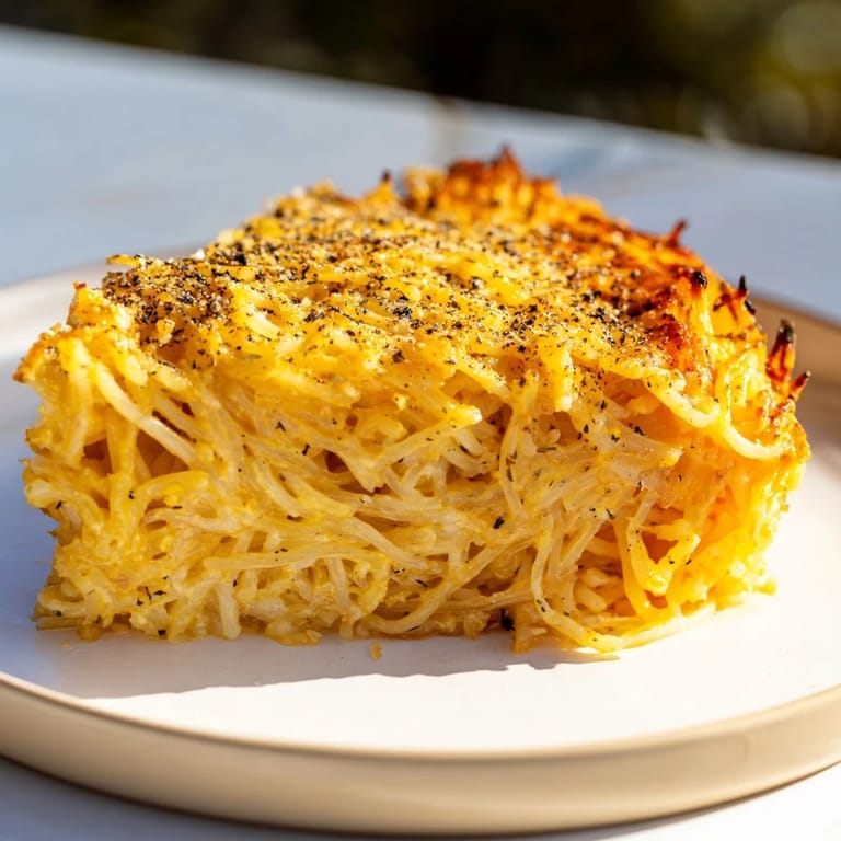A comforting baked Cacio e Pepe Pasta Pie featuring the delightful flavors of creamy cheese.