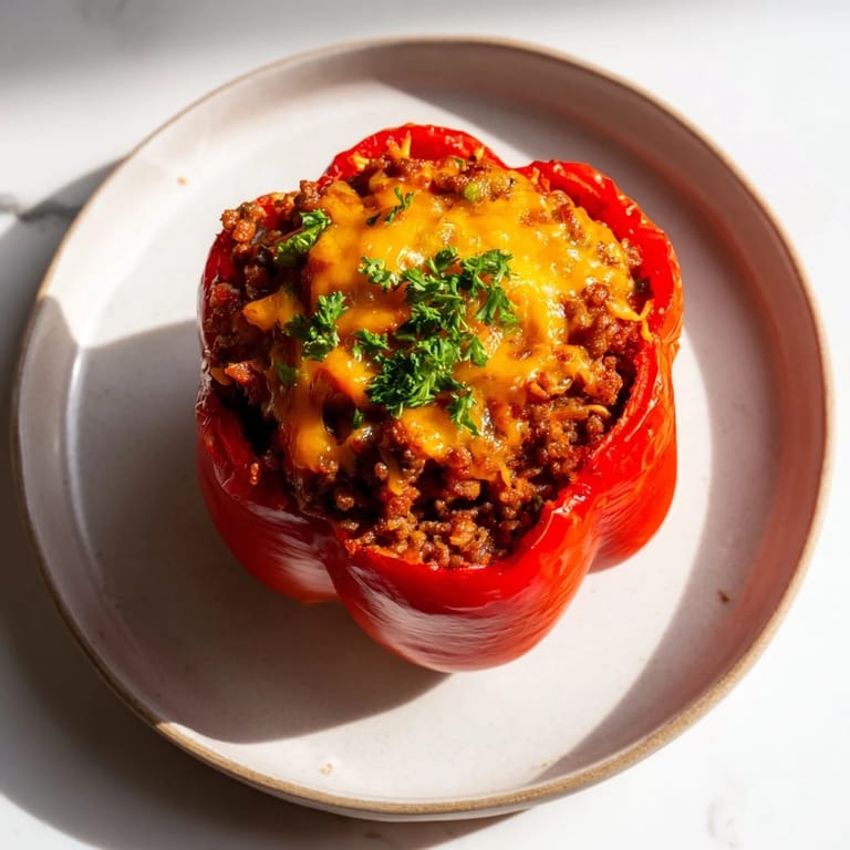 Baked Sloppy Joe stuffed bell peppers, a comfort food classic, bubbling with cheese and hearty filling.