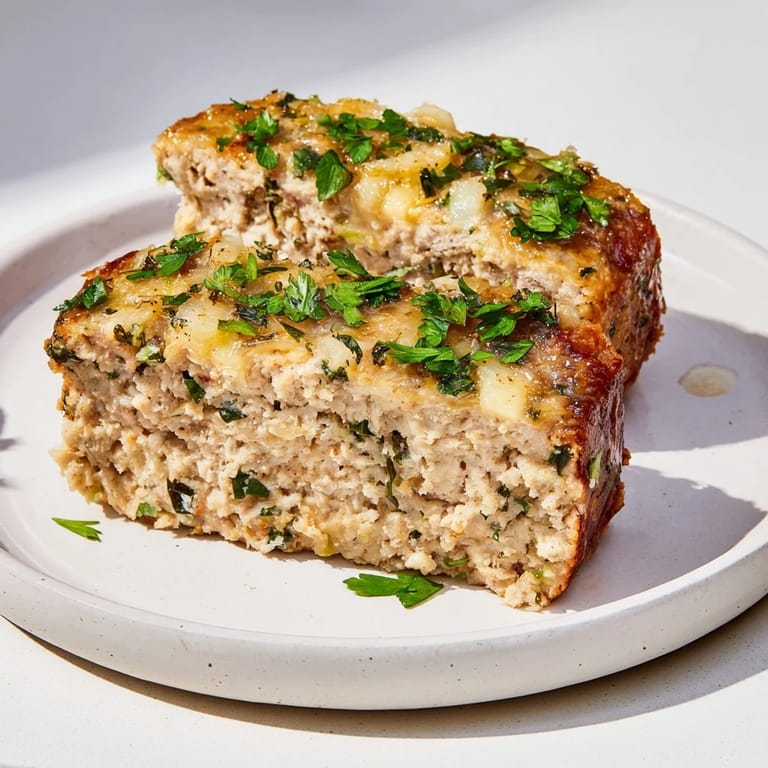 Fluffy slices of Garlic Parmesan Chicken Meatloaf, served with fresh parsley, perfect for a hearty meal.