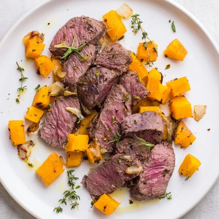 Savory slices of garlic herb steak served atop roasted butternut squash in a bowl.