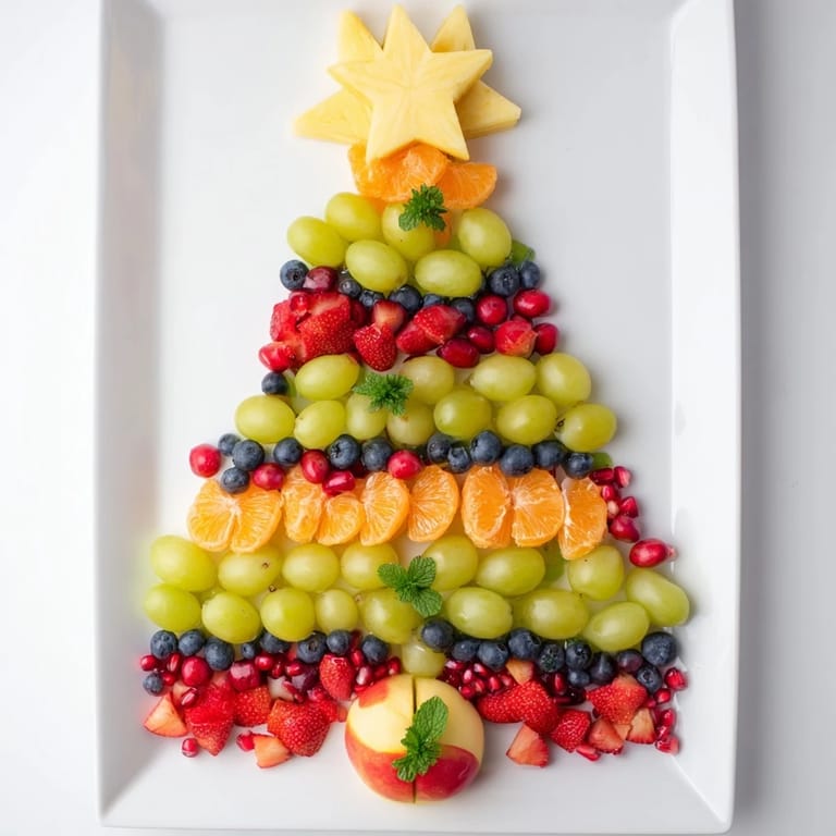 Delicious Quick Christmas Tree Fruit Platter showcases fresh, seasonal fruits, perfect for easy holiday snacking.