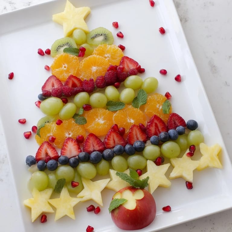 Festive Quick Christmas Tree Fruit Platter, filled with colorful fruits, ready for a Christmas party to share.