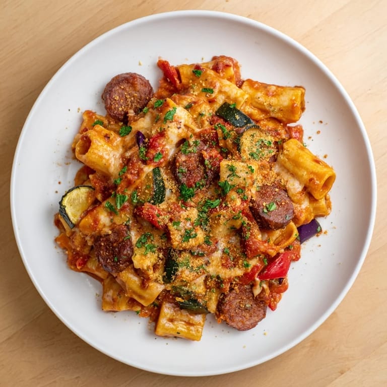 A close-up of a Spicy Vegan Chorizo Baked Pasta shows the perfectly baked, golden-brown crust and rich tomato sauce.