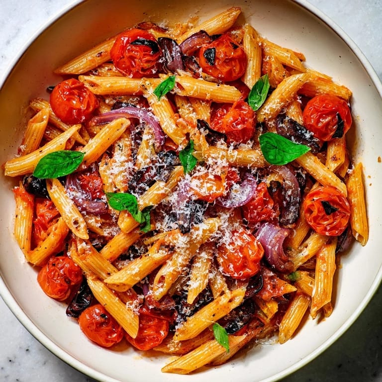 A close-up of creamy Baked Tomato & Olive Oil Pasta, garnished with parmesan cheese and fragrant basil.