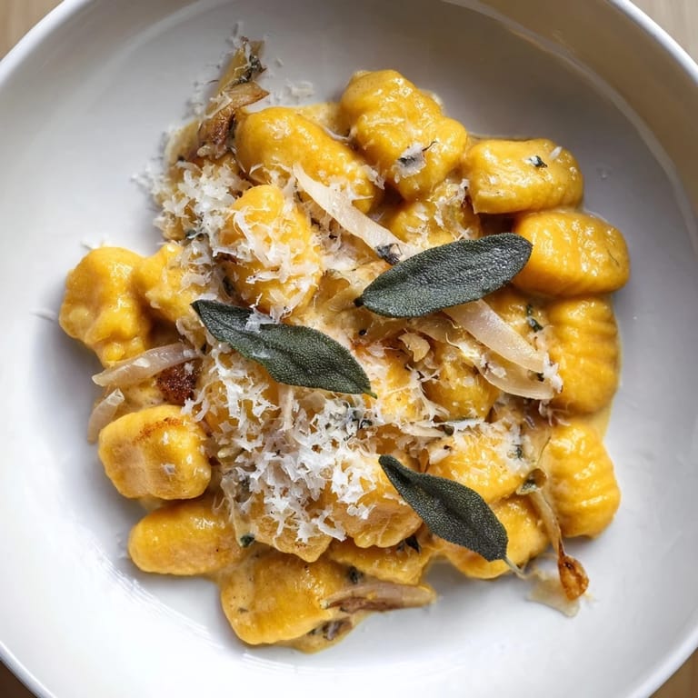 A close-up of delicious One-Pot Creamy Pumpkin Sage Gnocchi, ready and served with Parmesan cheese.
