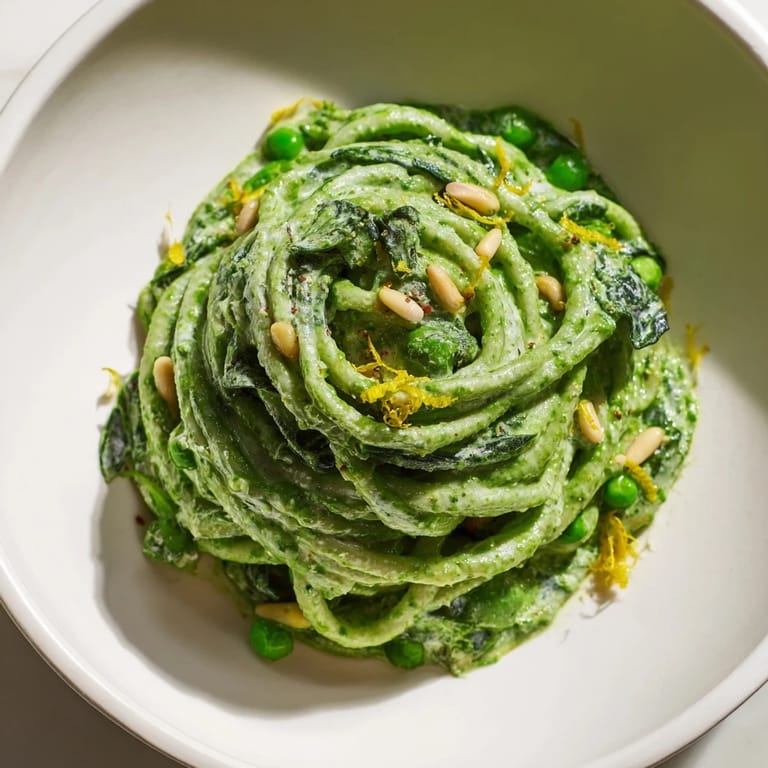 Creamy Green Pea & Spinach Pasta recipe plated with lemon zest, ready for a delicious, healthy meal.