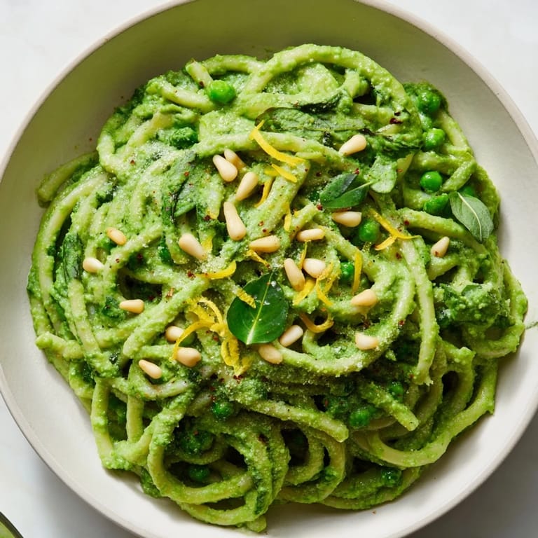 Vibrant Green Pea & Spinach Pasta, featuring fresh spinach, peas, and a hint of parmesan, steaming and ready.