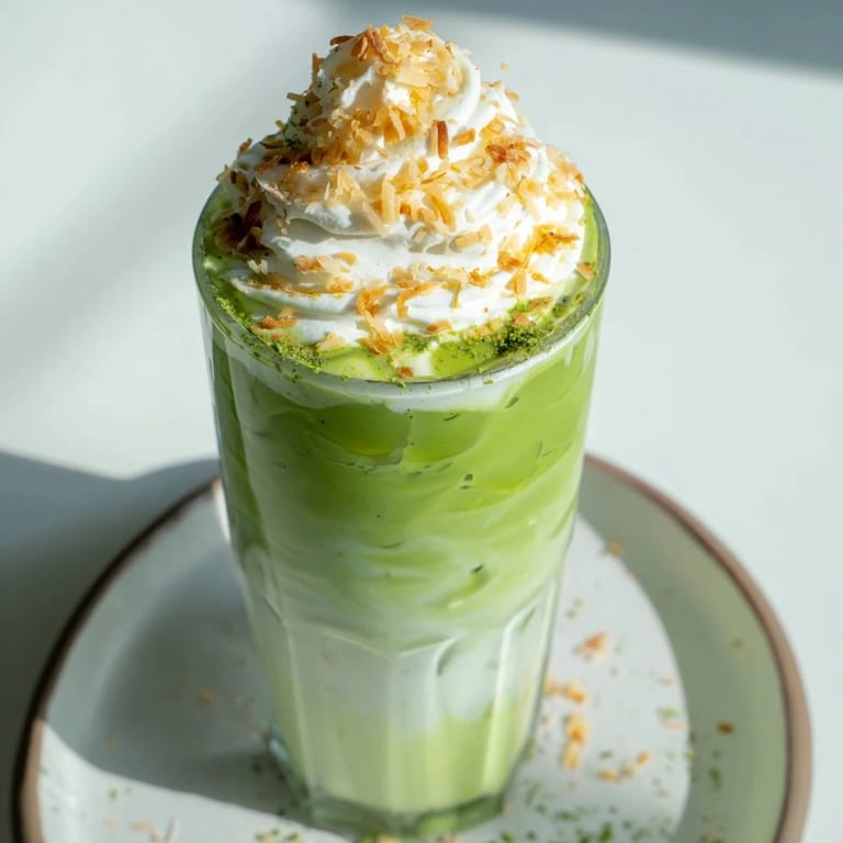 Enjoy the creamy, spiced goodness of this homemade Toasted Coconut Gingerbread Iced Matcha with toasted coconut.
