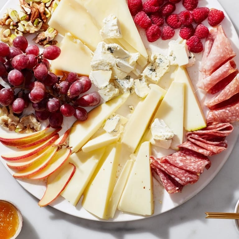 A Lace & Pearls Elegant Board display with sparkling grapes and ripe fruit slices, ready to serve as an appetizer.