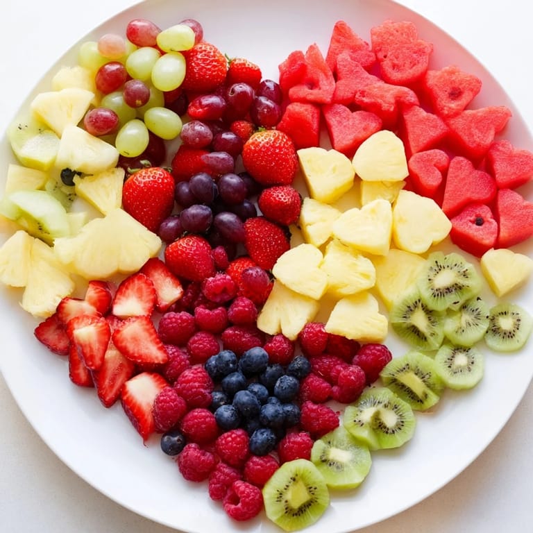 This Sweetheart Fruit Board showcases a festive arrangement of various berries and fruit slices for sharing.