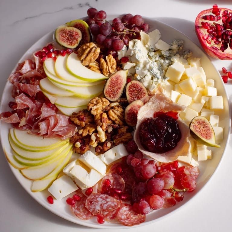 Vibrant Moments Magiques Plateau Bonne Année 2026 offers colorful fruits, cheeses, and charcuterie for a New Year's party.