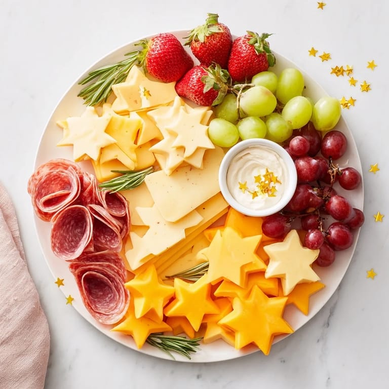 Golden rosemary sprigs garnish a delicious and visually appealing Happy New Year 2026 Star Board of party food.