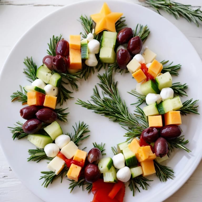 Festive Cheese & Olives appetizer: a colorful, edible pine tree made with olives and cheese.