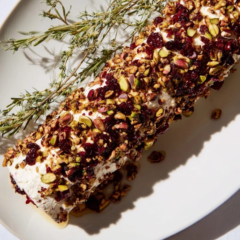 A close-up of a festive Cranberry Goat Cheese Logs board, showcasing colorful grapes, crackers, and honey drizzle.