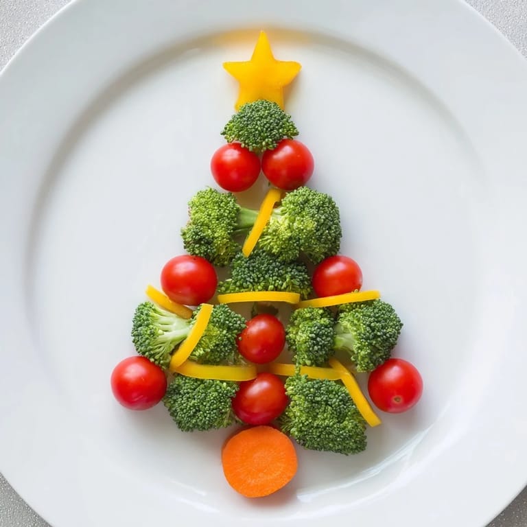 Fresh Broccoli Tree appetizer, cherry tomatoes and yellow pepper star atop a whimsical platter for kids.