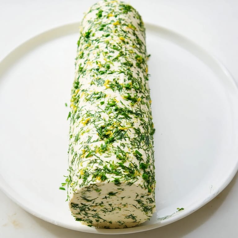 Close-up of a herby, creamy herb-coated cheese log with a ring of colorful, crunchy crackers for dipping.