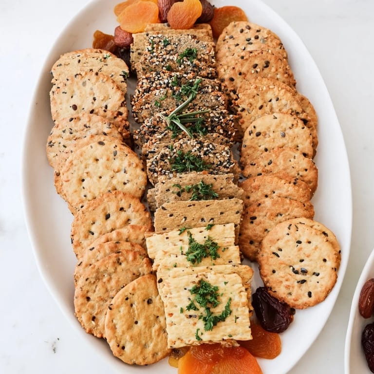 Delectable Gourmet Crackers shown, arranged on a platter, ready to complement a cheese board or appetizers.