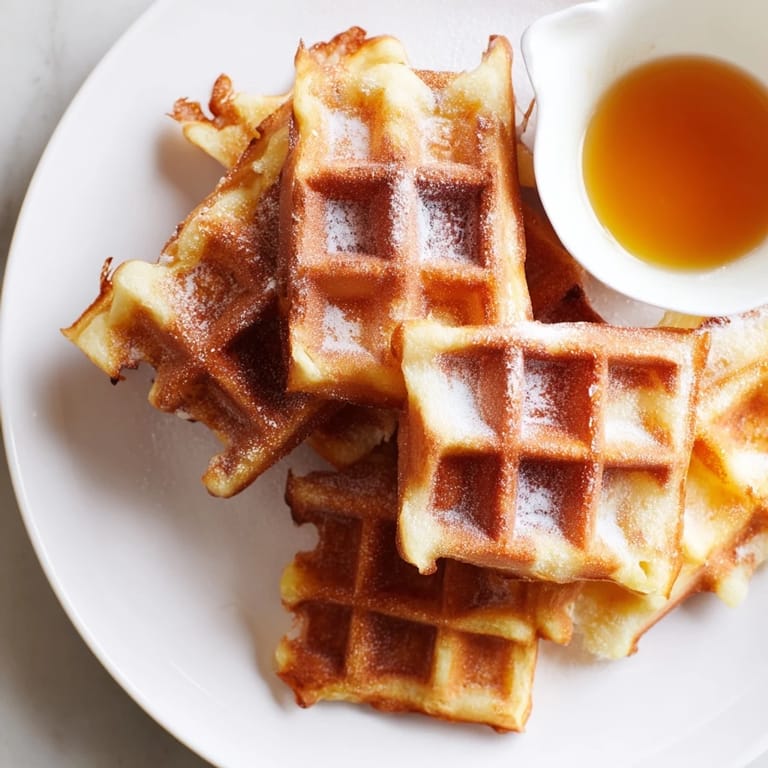 Plump, golden waffle quarters are paired with a small syrup bowl for a perfect sweet breakfast.