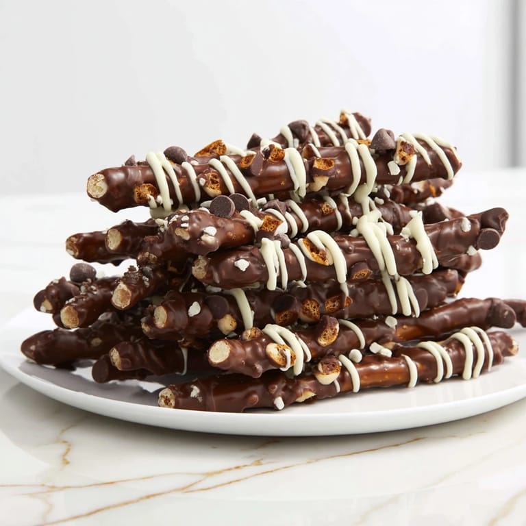 Sweet and salty chocolate covered pretzel stick stacks, arranged and ready for a party dessert.