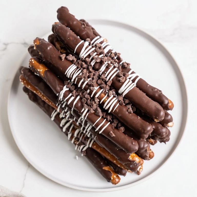 Mouthwatering image of a delicious chocolate covered pretzel stick stack, perfect, no-bake treat.