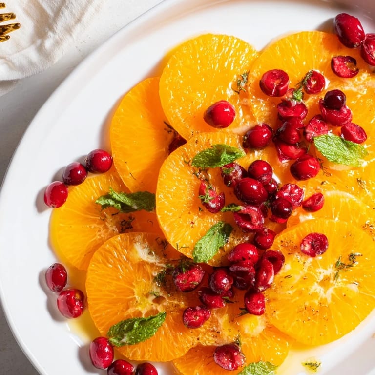 Vivid red cranberries scattered over sunny orange slices, a beautiful Winter Fruit salad ready to serve.