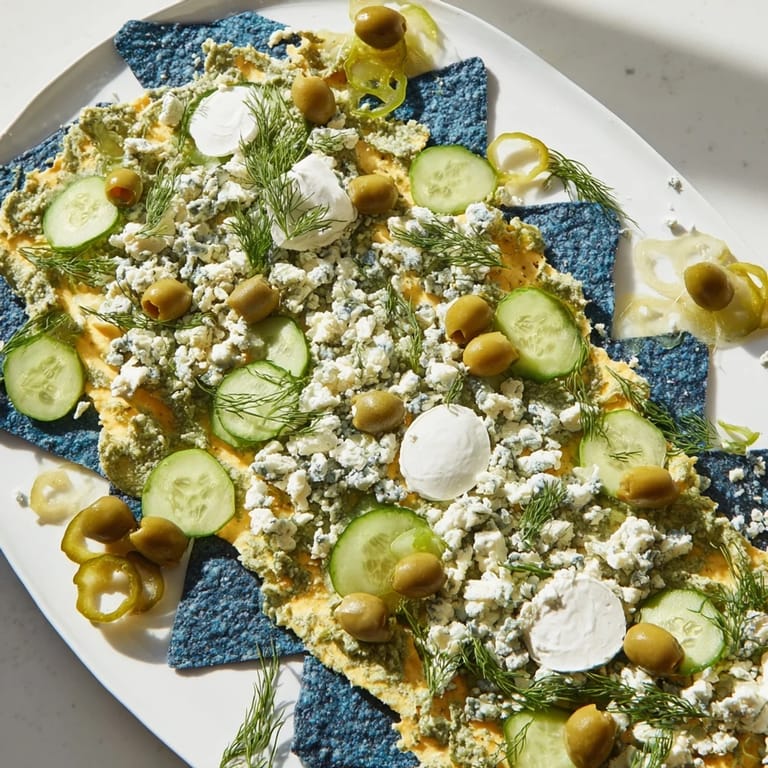 This colorful Deep Sea Ocean Wave platter looks inviting, with layers of cheese, chips, seaweed crackers, and fresh produce.