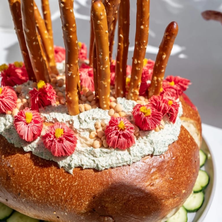 This creative The Desert Cactus Bloom appetizer boasts tall pretzel cactus needles for a fun, festive treat.