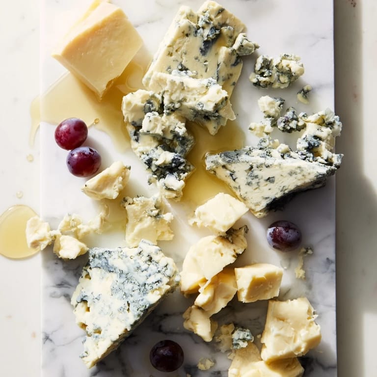 A close-up of The Marble Quarry cheese board, showcasing chunks of blue cheese and white cheddar on marble.