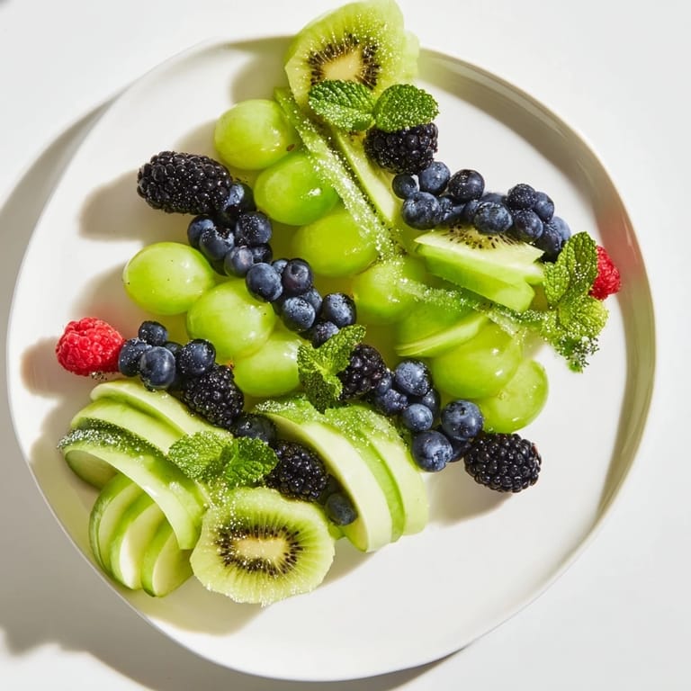 Freshly prepared Aurora Borealis Sweep, this dessert showcases a flowing fruit landscape, ready to enjoy.