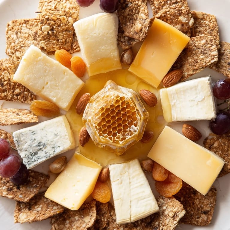 Sensory delight! The Gilded Hive appetizer recipe features a honeycomb centerpiece with flavorful cheese hexagons.