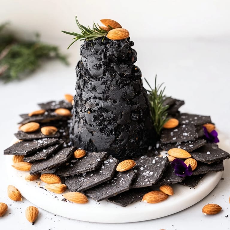 A close-up of The Obsidian Peak, this cheese platter is beautifully garnished with rosemary and black flowers.