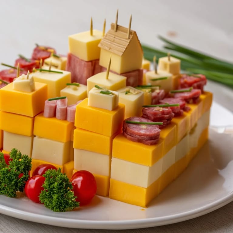 A close-up of The Checkerboard Chalet, a vibrant appetizer built with colorful, flavorful cheese and meat cubes.