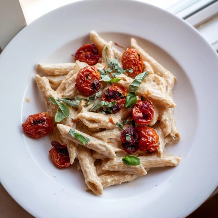 Tossed warm Baked Feta Pasta with Cranberries, garnished with fresh basil; a Mediterranean delight.