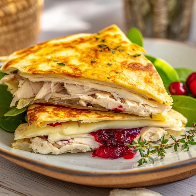 Toasted golden Chicken and Brie Holiday Wrap, featuring creamy brie and vibrant cranberry sauce, ready to eat.