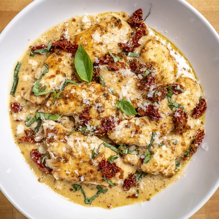 Golden-brown chicken breasts in creamy sauce, finished with a beautiful Parmesan snow; a superb Marry Me Chicken dish.