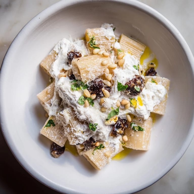 A close-up of pasta with roasted grapes—savory ricotta blends with the sweet grapes.