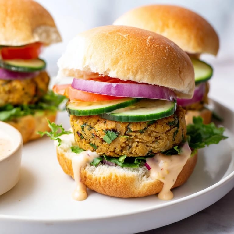 Close-up of crispy, baked falafel patties inside mini slider buns, perfect for making Baked Falafel Sliders.