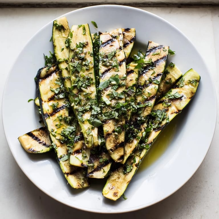 Savory Garlic Herb Grilled Zucchini slices, a simple, delicious side dish, with herbs adding freshness.