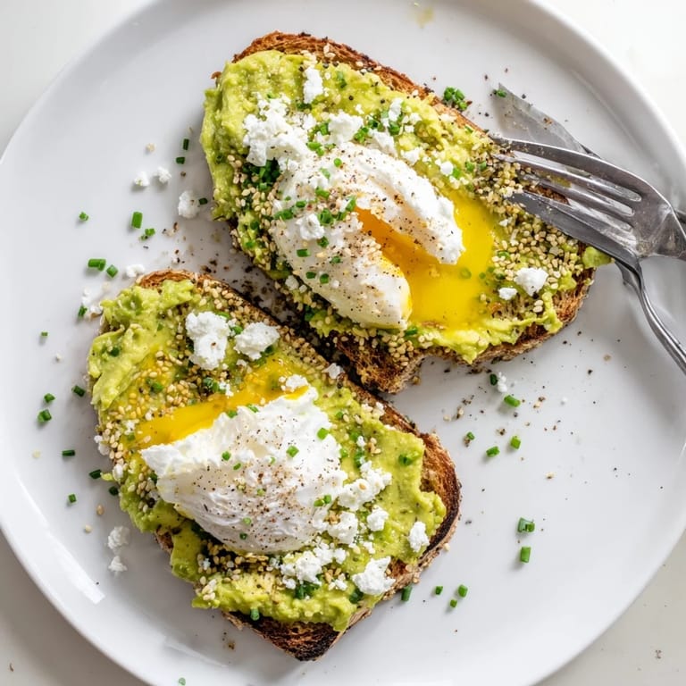 A close-up of finished avocado toast with everything topping, a simple and tasty American breakfast.