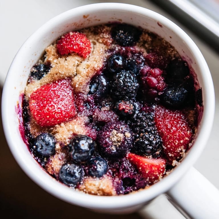 Enjoy a single-serve Mixed Berry Cobbler Mug Cake; a dessert perfectly cooked in the microwave.