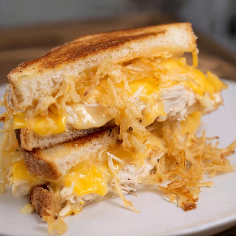 A close-up of a warm, cheesy Crispy Shallot Chicken Grilled Cheese, ready to be sliced and enjoyed, dinner ready.