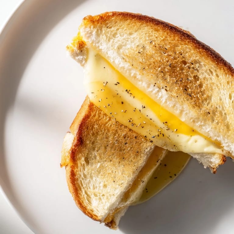 A close-up of buttery, crispy truffle oil grilled cheese with gooey cheese pull for a satisfying meal.