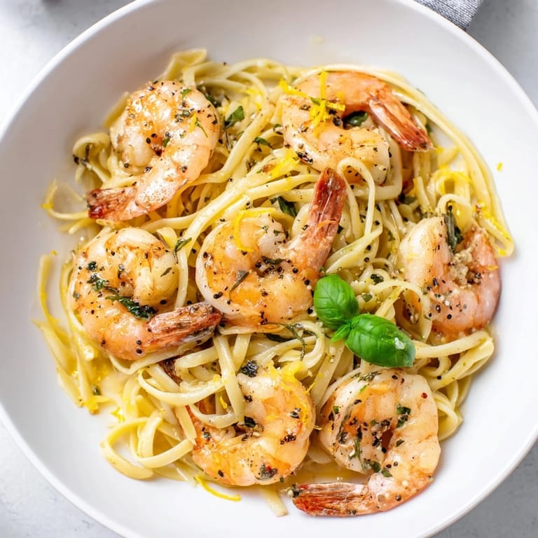 Vivid image of Lemon Herb Pasta with Shrimp, succulent shrimp and fresh herbs tossed in pasta.