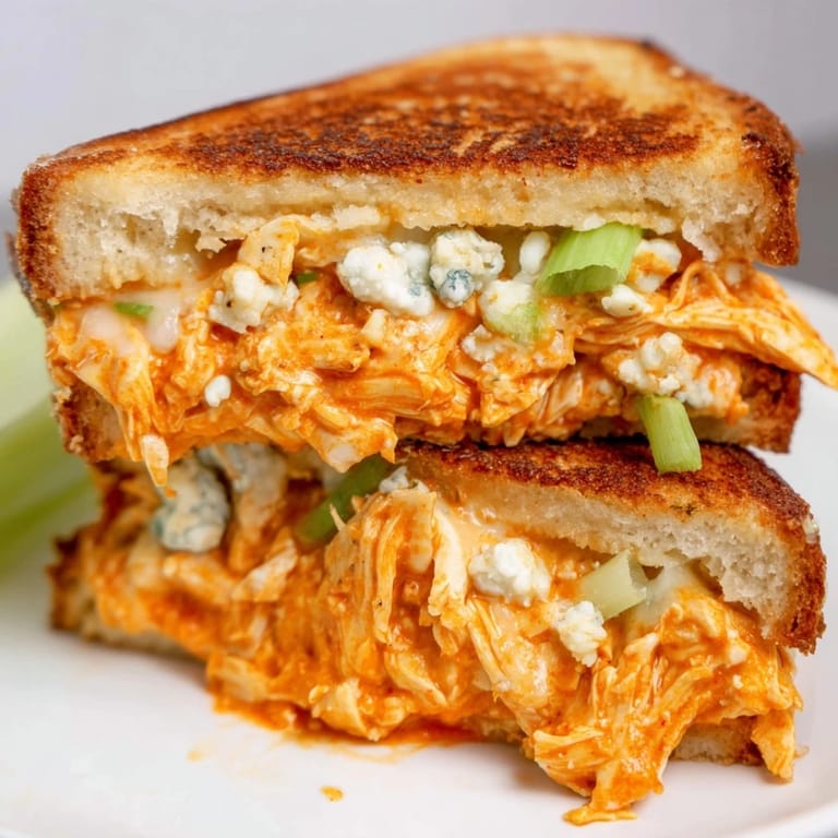 Hot, melty Buffalo Chicken Grilled Cheese on a plate, ready to be cut and savored.